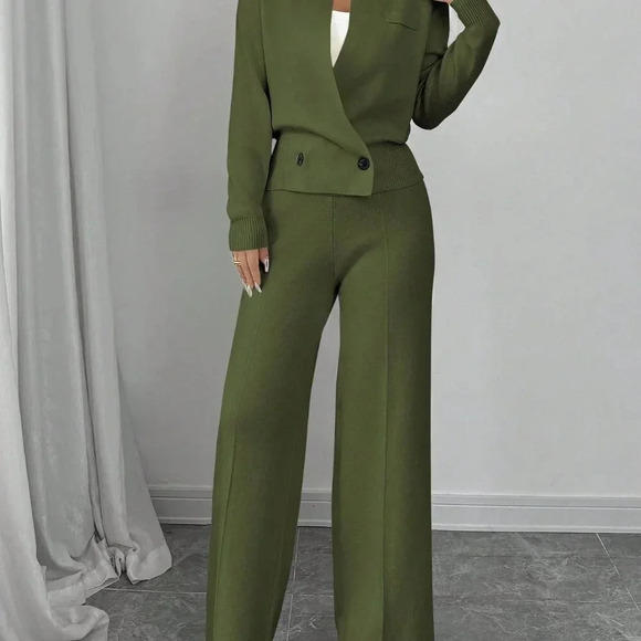 Green Elegant Women's Loose Long Sleeve Crew Neck  Knit Sweater & Suit Pants Set - Picture 8 of 8